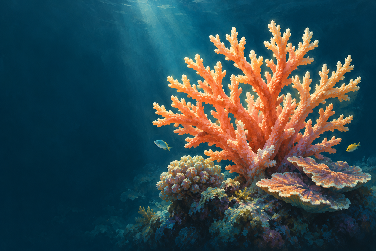 A coral-orange branching coral, with rounded and plating corals and two small reef fish, painted against deep blue water.