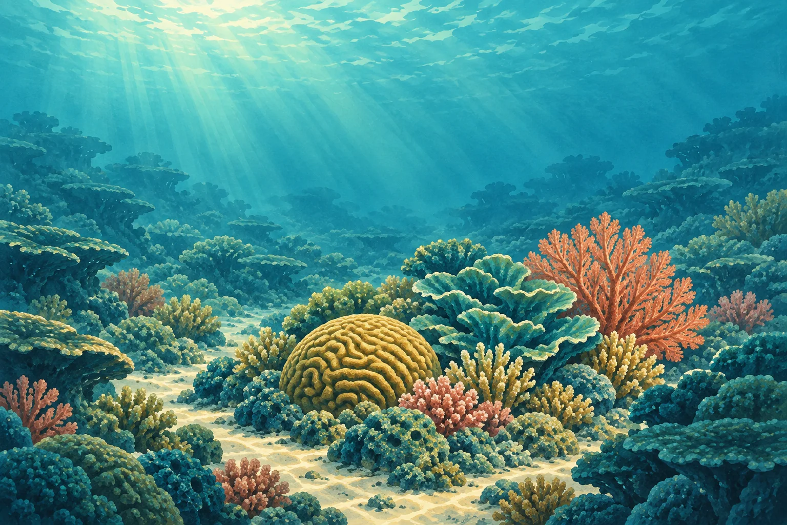 An illustrated coral reef without marine litter.