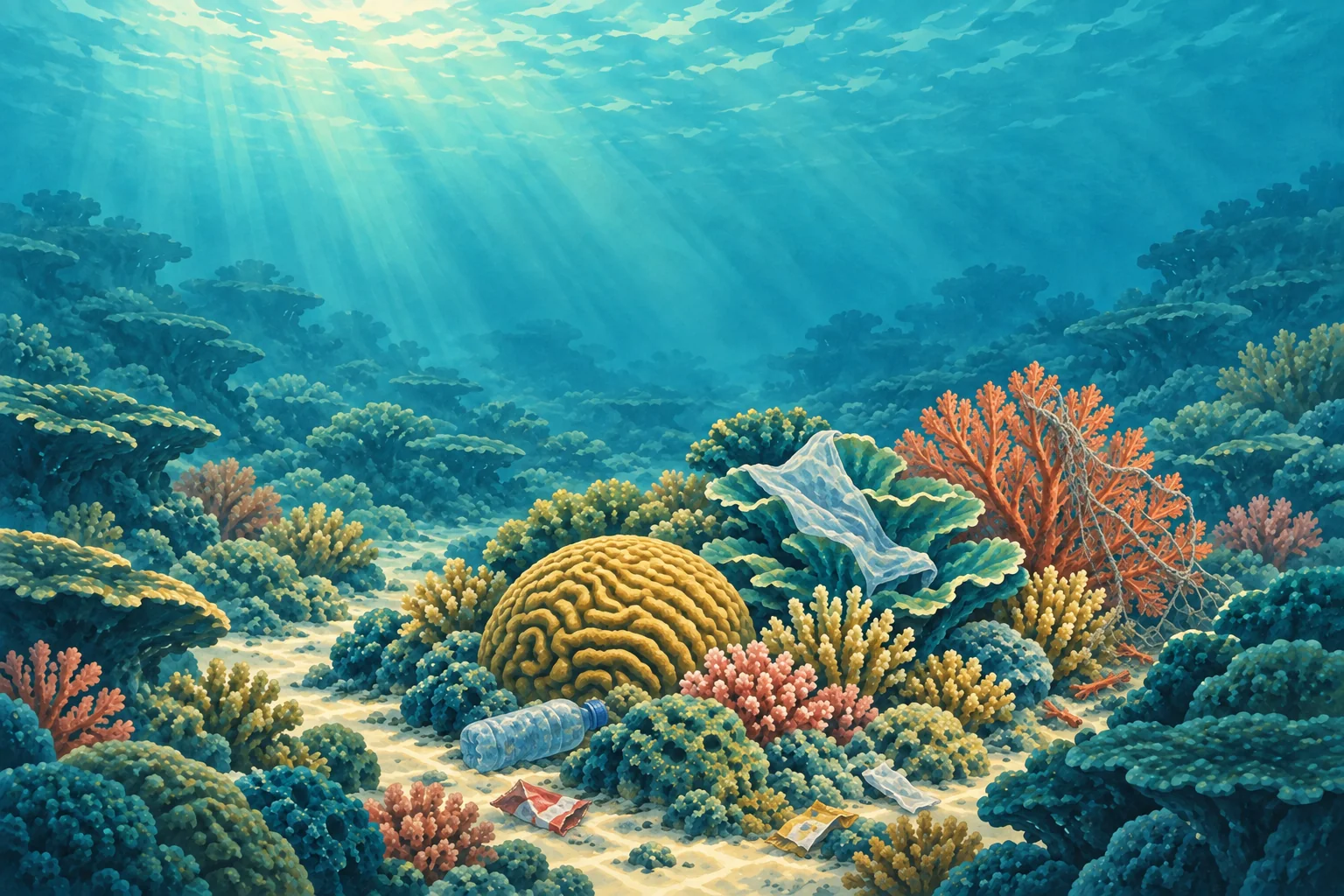 The same illustrated reef with discarded plastic and fishing gear among the corals.