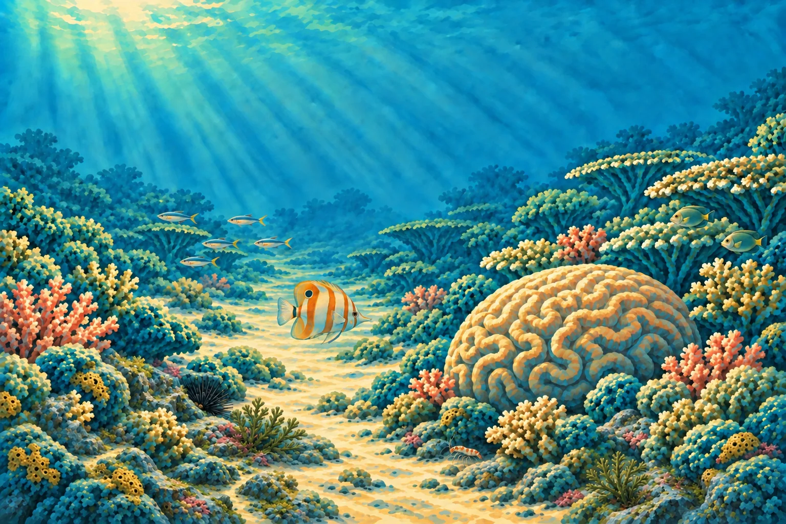 The illustrated dive: reef fish swimming beside a large coral colony.